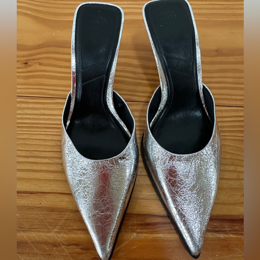 Zara crinkle silver metallic kitten heel mule
